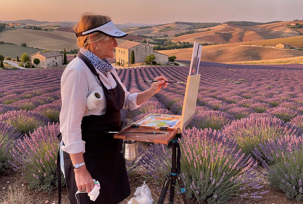 Woman plein air painting in a French lavender field at sunset.