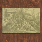 La Chinoiserie Fawn paper placemat — chinoiserie garden scene, on a wood table