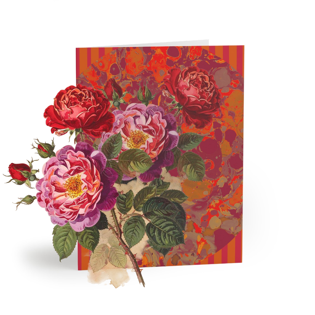 Floral design on a colorful card with a white border