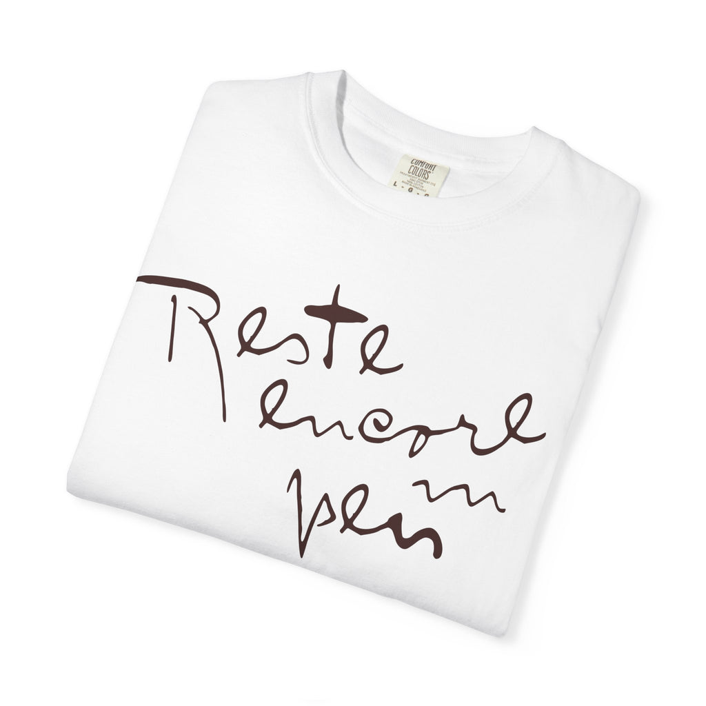 White t-shirt with brown text on a white background