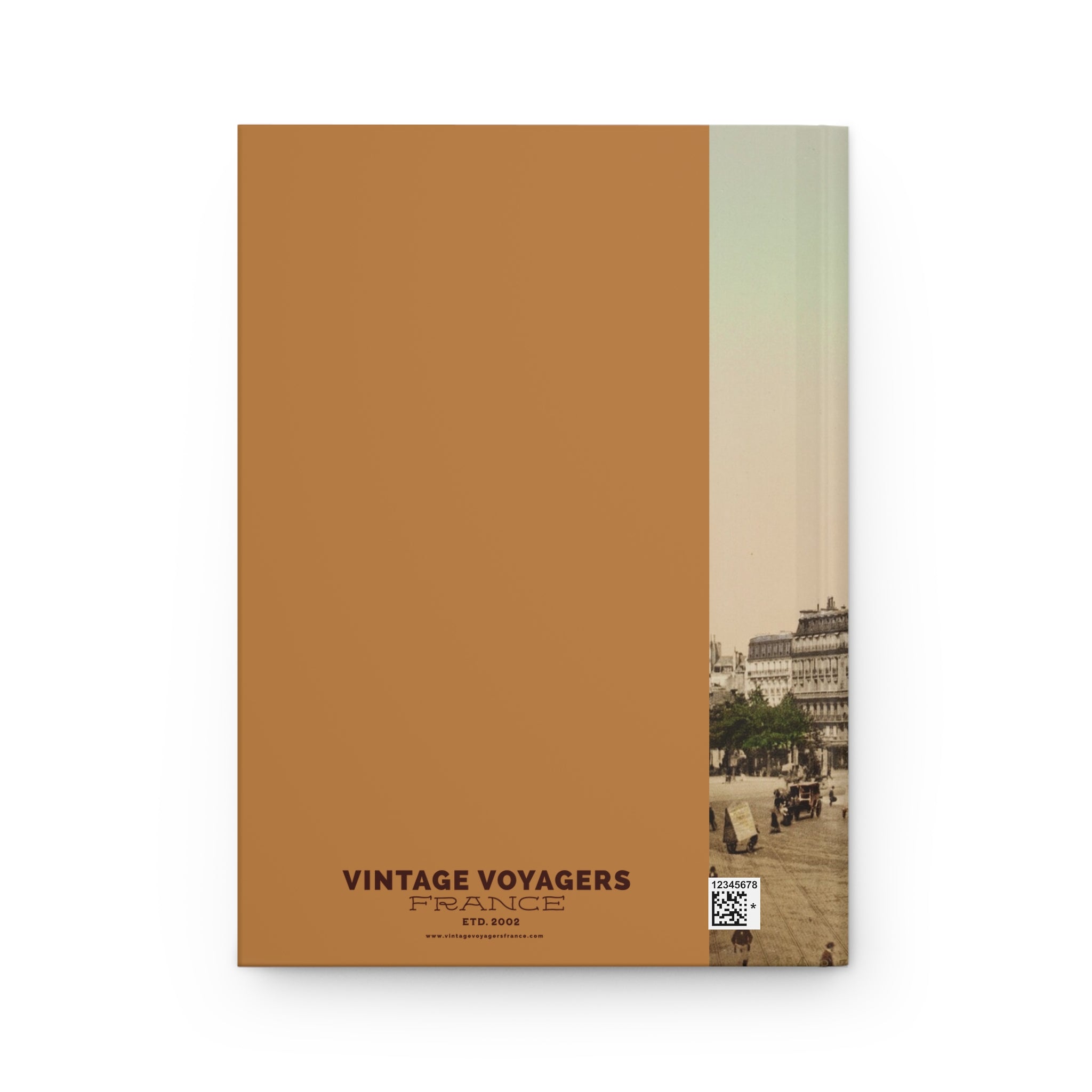 Brown notebook with 'Vintage Voyagers France' branding on a white background