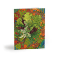 Greeting card with leaf design on a colorful patterned background