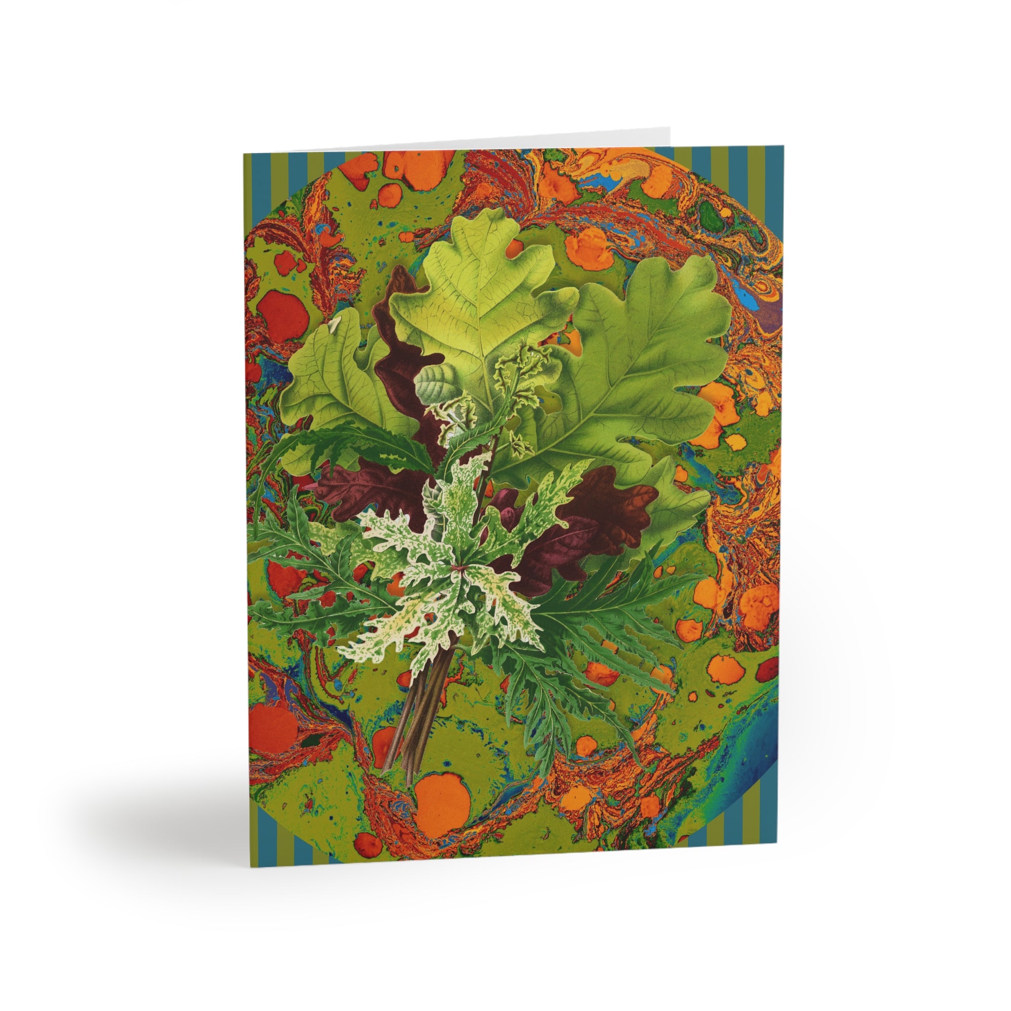 Greeting card with leaf design on a colorful patterned background