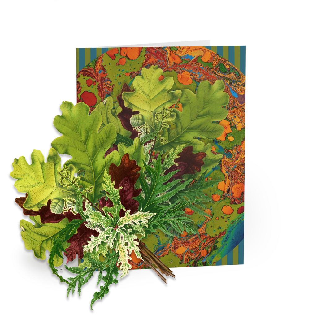 Greeting card with leaf design on a colorful patterned background