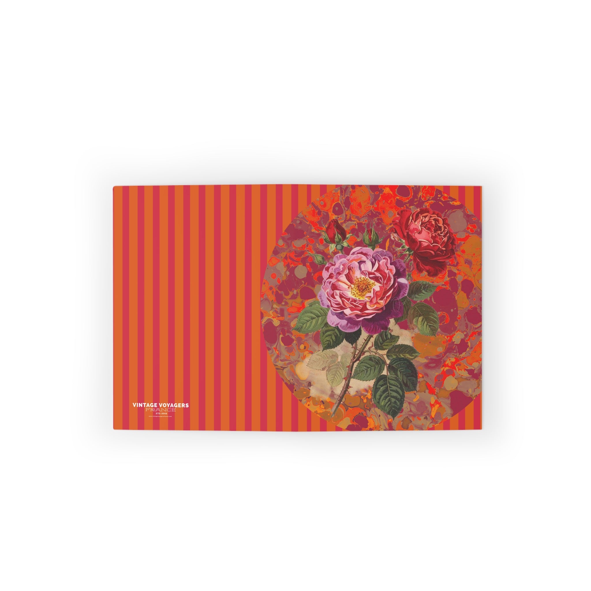 Floral design on a striped red and orange background with 'Vintage Voyage' branding.