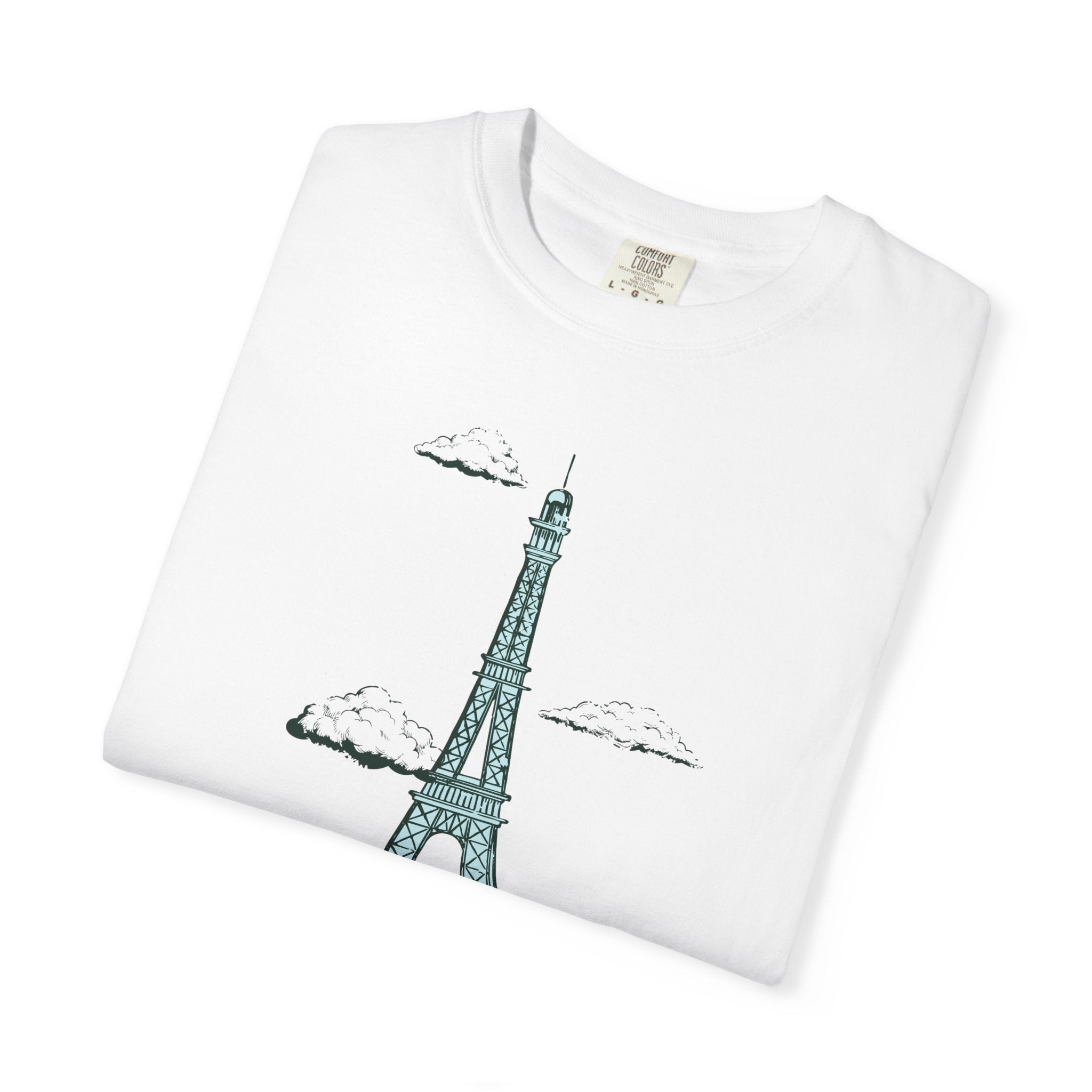 White t-shirt with a green Eiffel Tower design on a white background