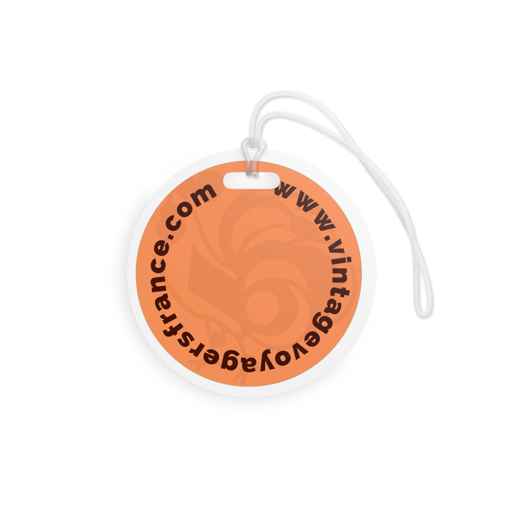 Round orange luggage tag with black text on a white background