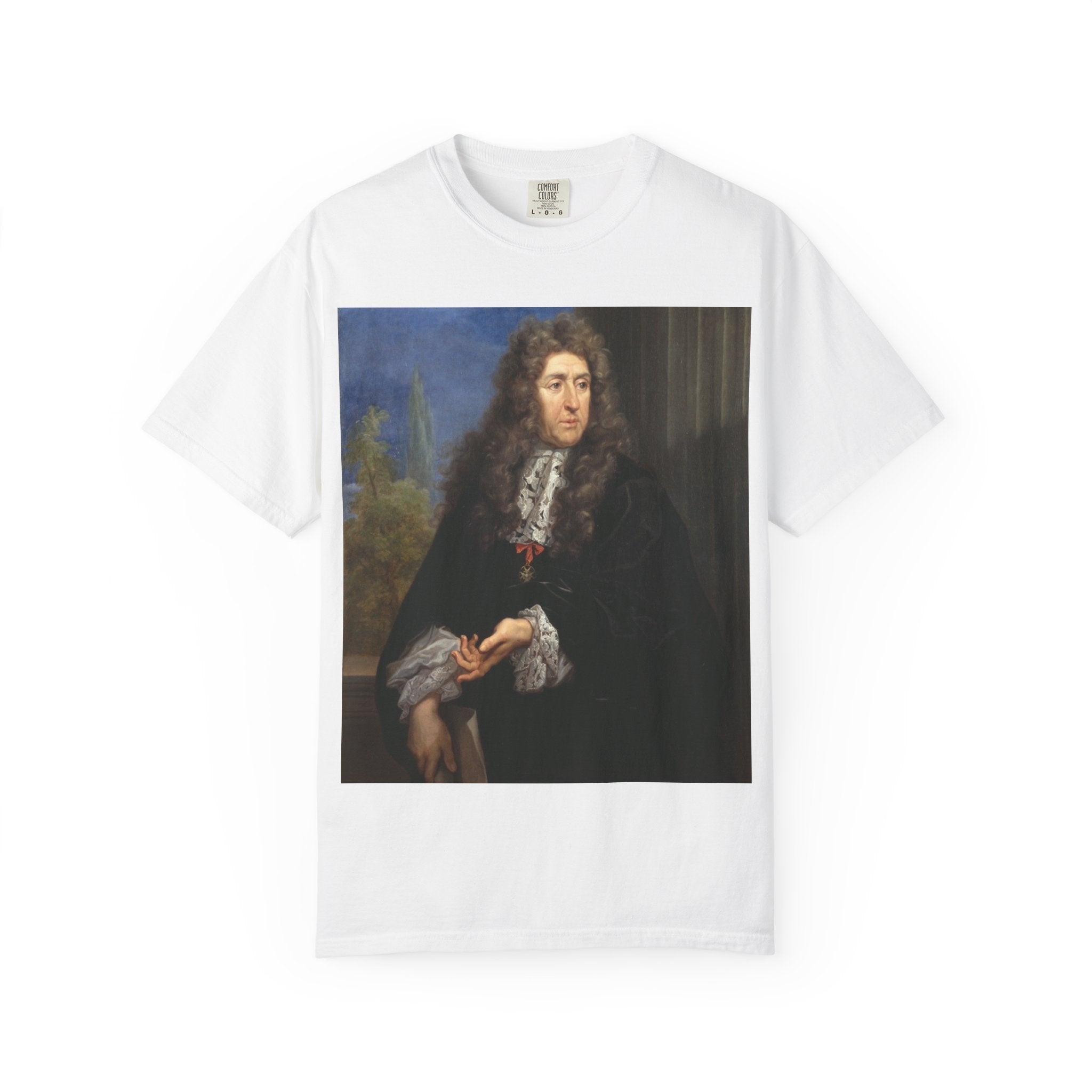André Le Nôtre White t-shirt with a printed design of a classical portrait on a white background