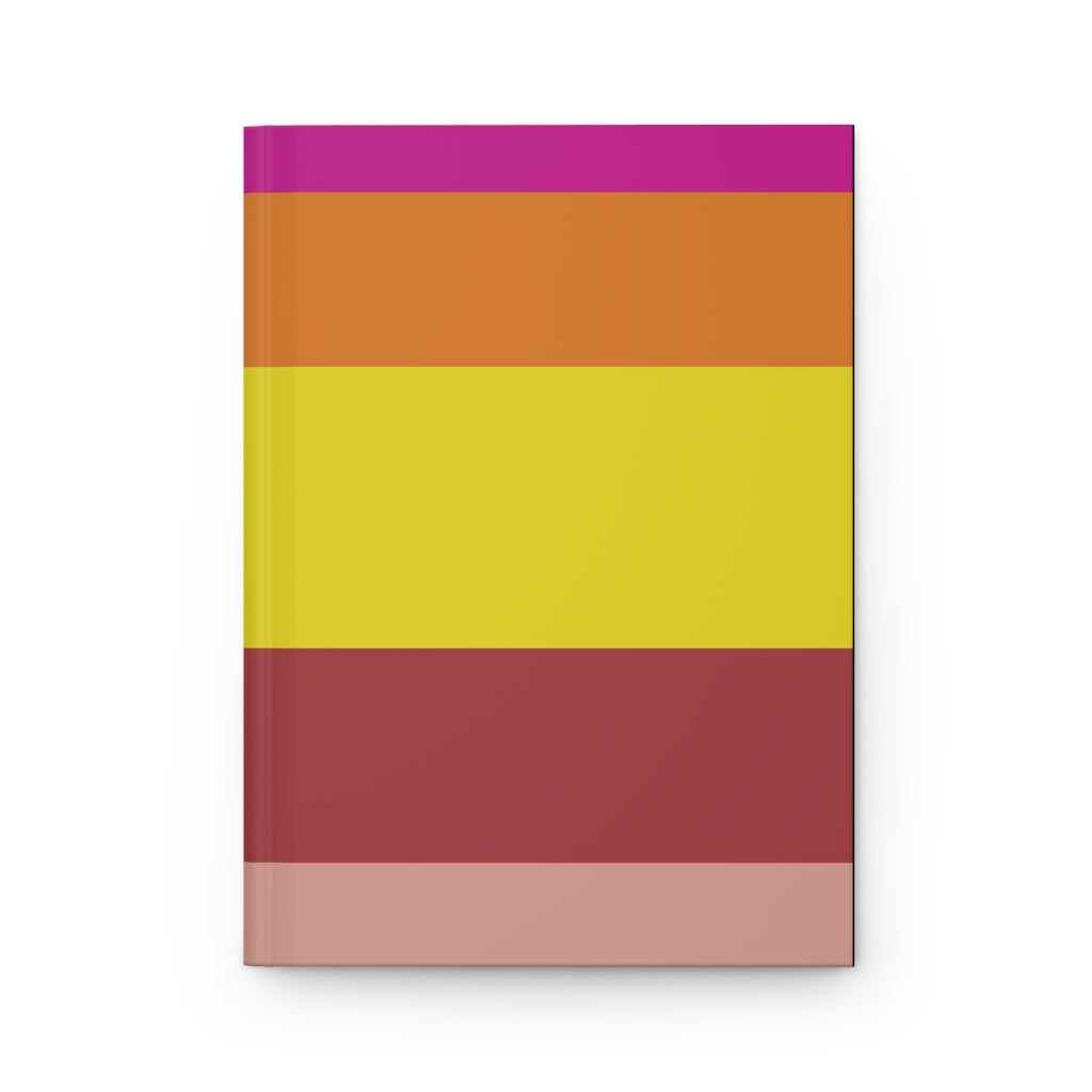 Notebook with horizontal stripes in pink, orange, yellow, and red on a white background