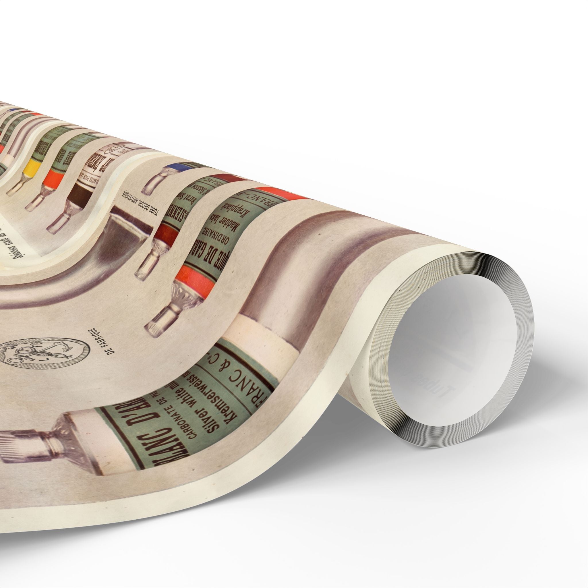 Roll of  printed wrapping paper on a white background