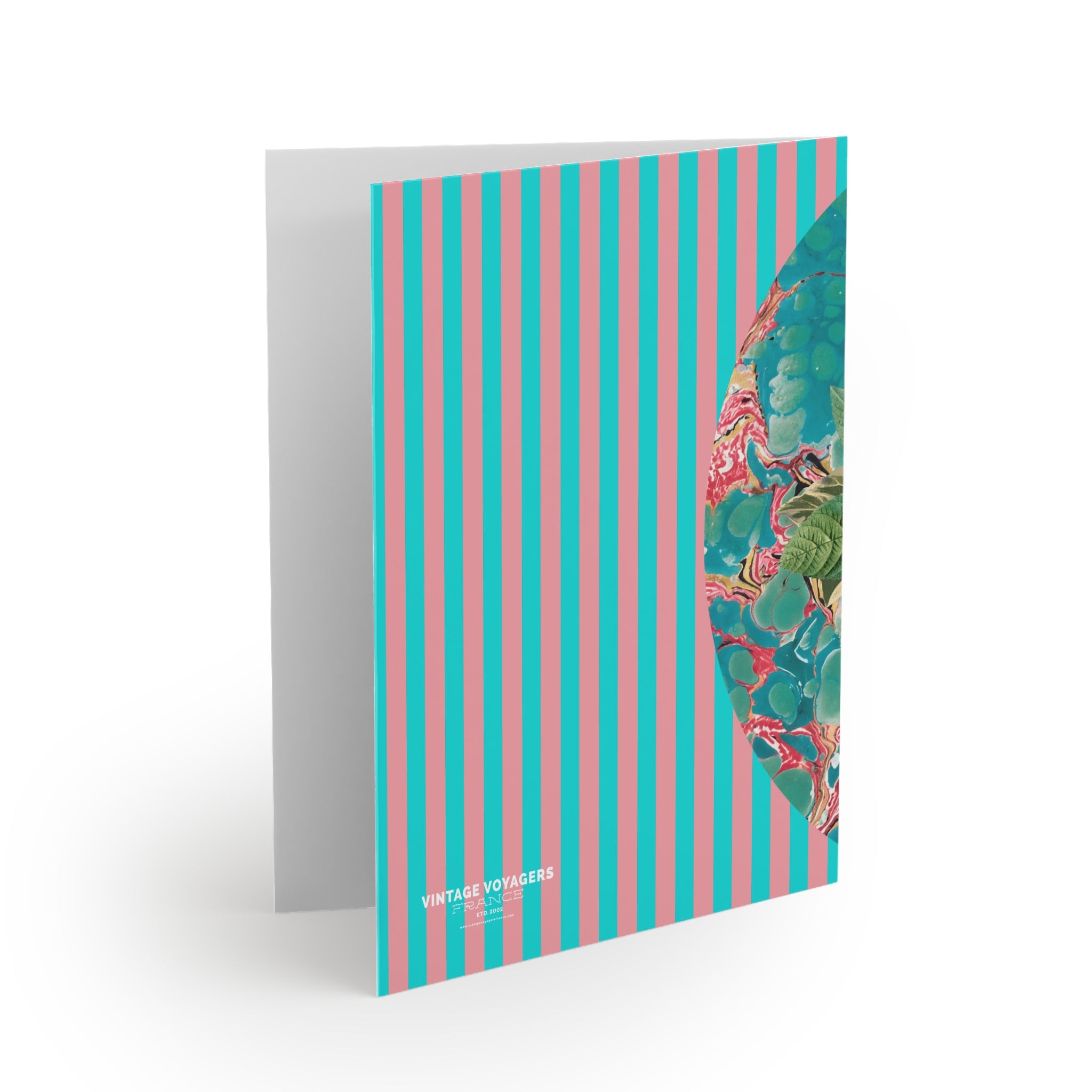Greeting card with striped design and floral elements on a white background