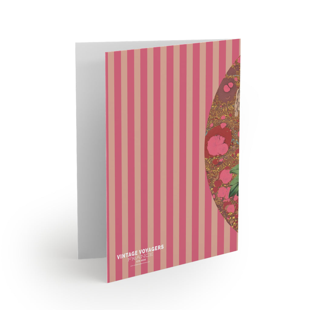Greeting Card with pink and beige striped cover and floral design on a white background