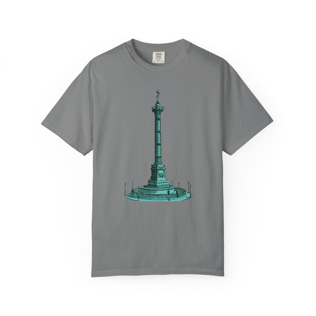 Gray t-shirt with camping graphic and text on a white background