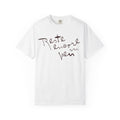 White t-shirt with black text on a white background