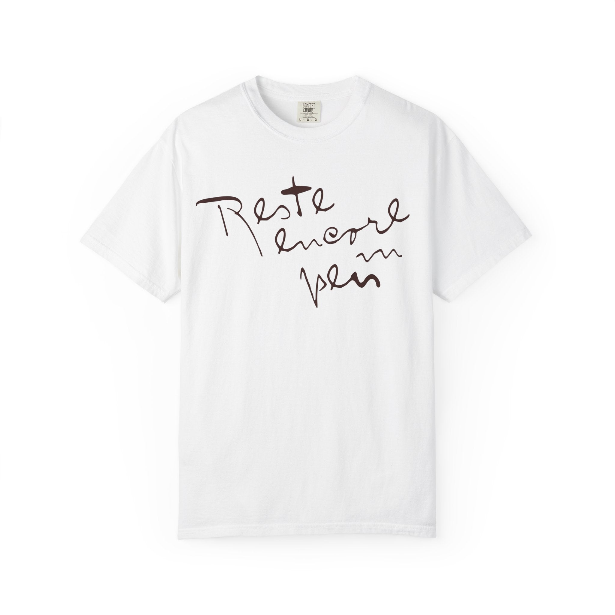 White t-shirt with black text on a white background