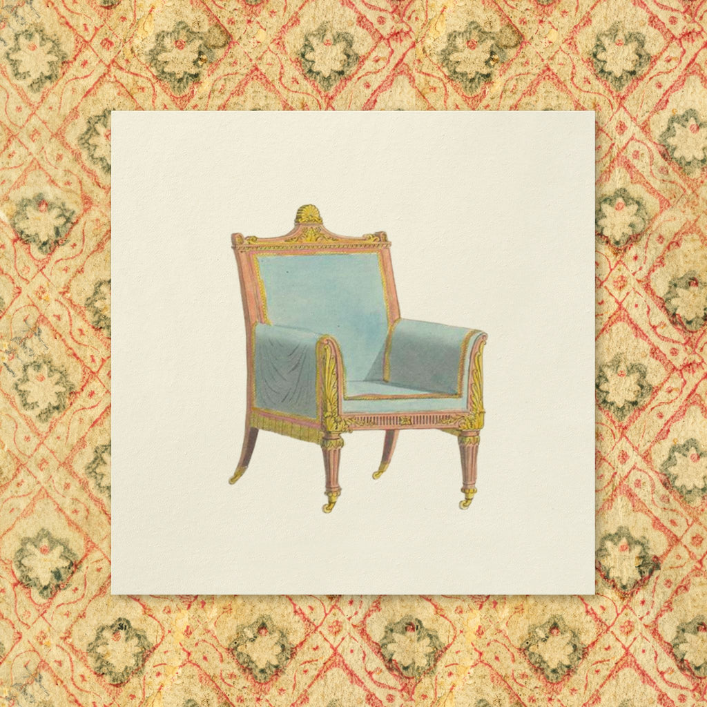 Les Meubles Bergère paper napkin printed with a vintage French bergère armchair illustration