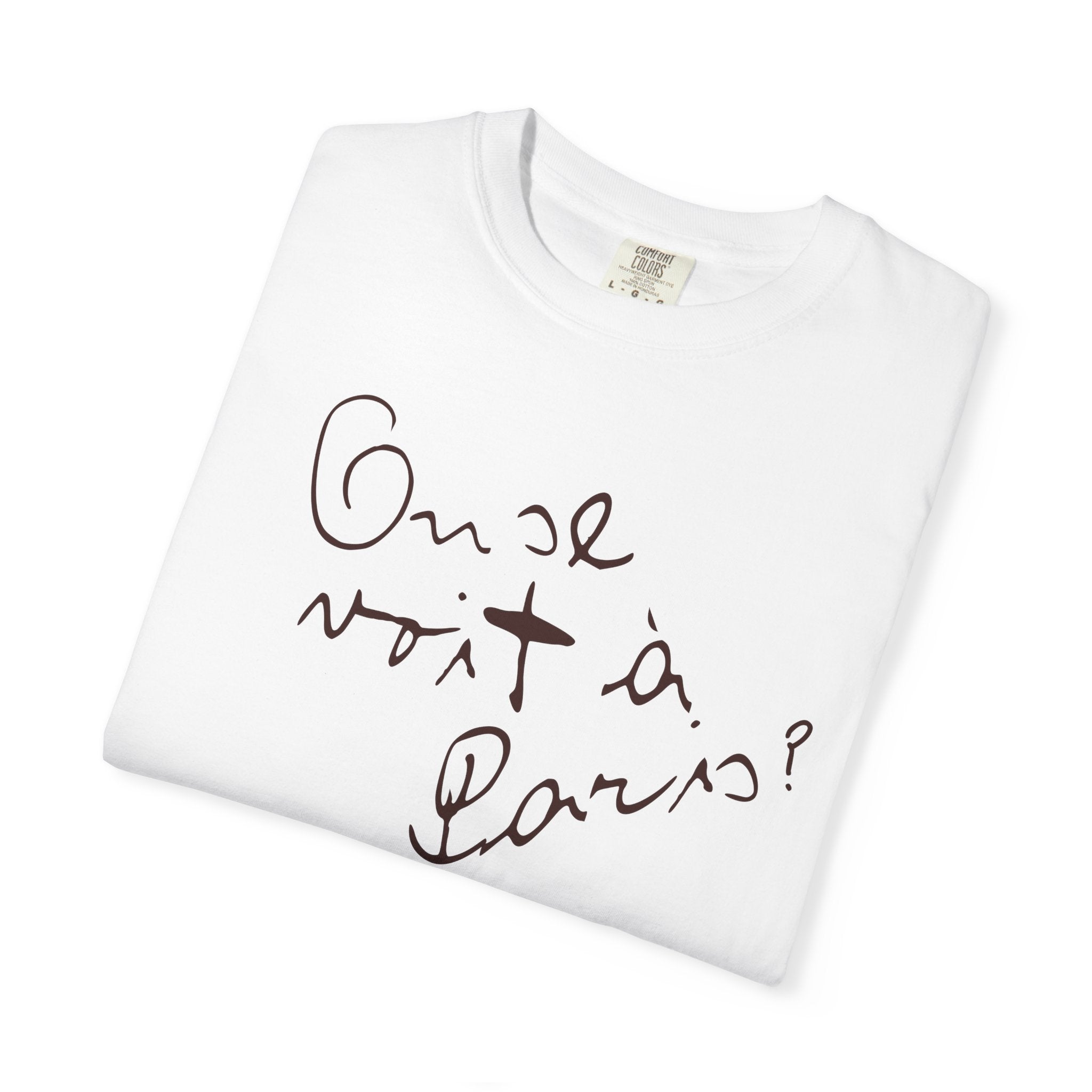 White t-shirt with black text on a white background
