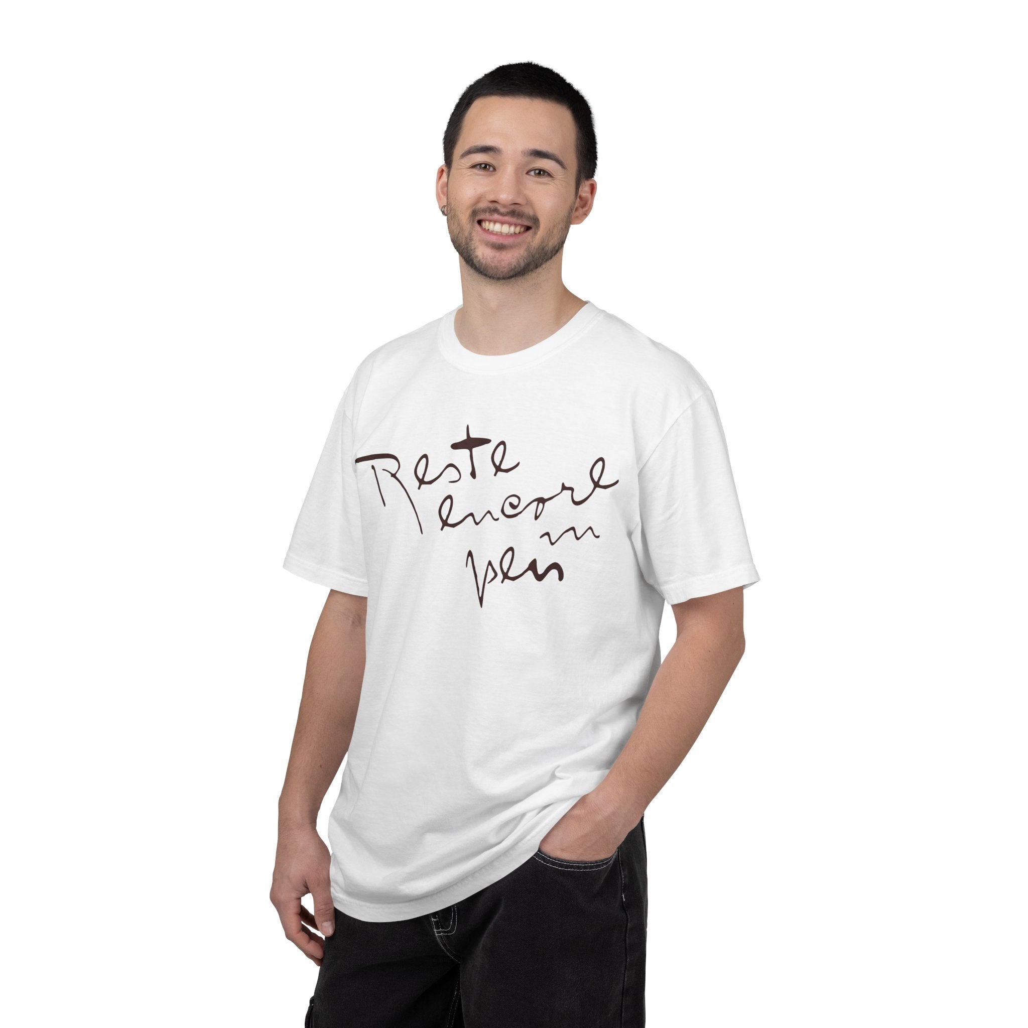 Man wearing a white t-shirt with a logo on a white background