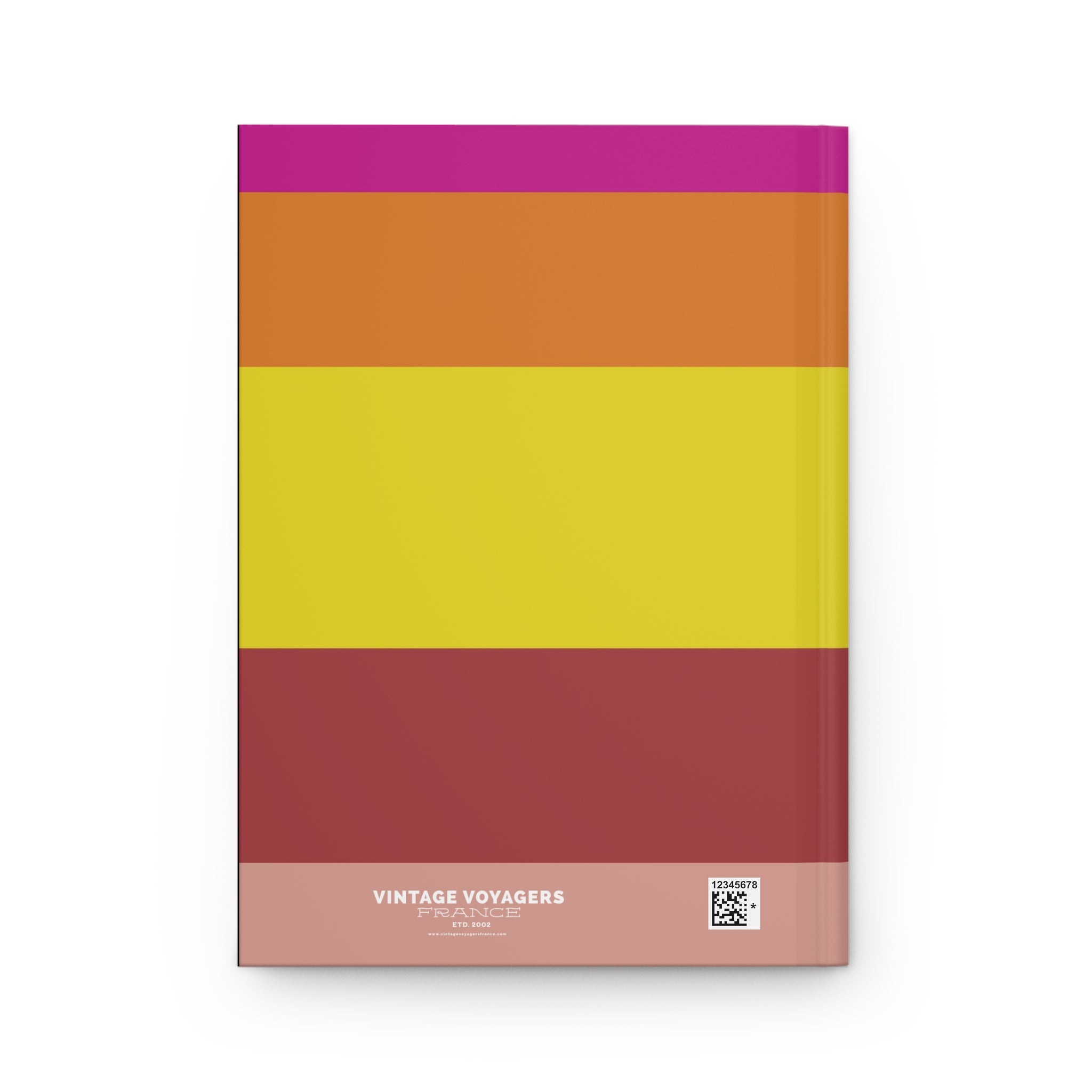 Colorful striped notebook with 'Vintage Voyagers' branding on a white background