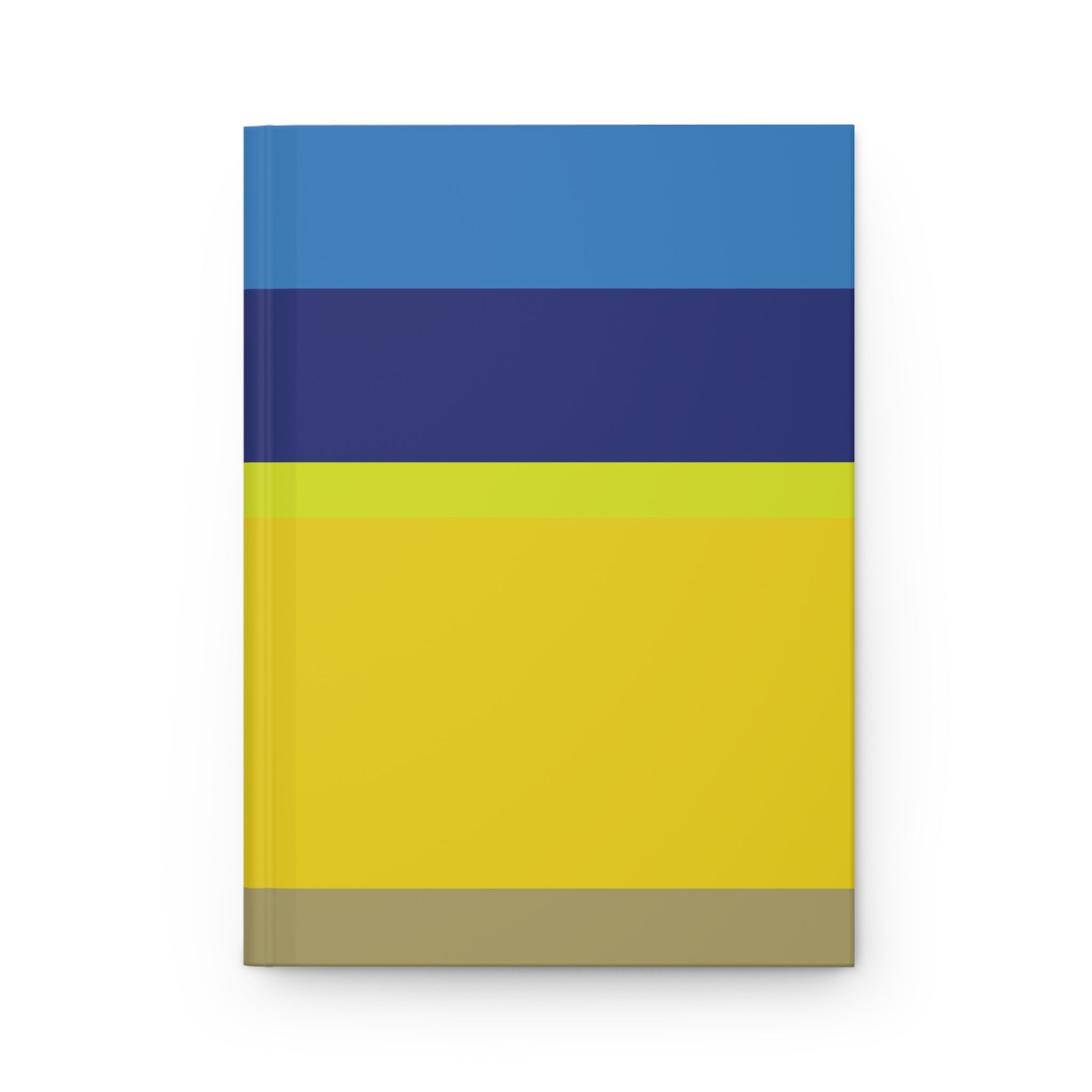Notebook with blue, green, yellow, and brown horizontal stripes on a white background
