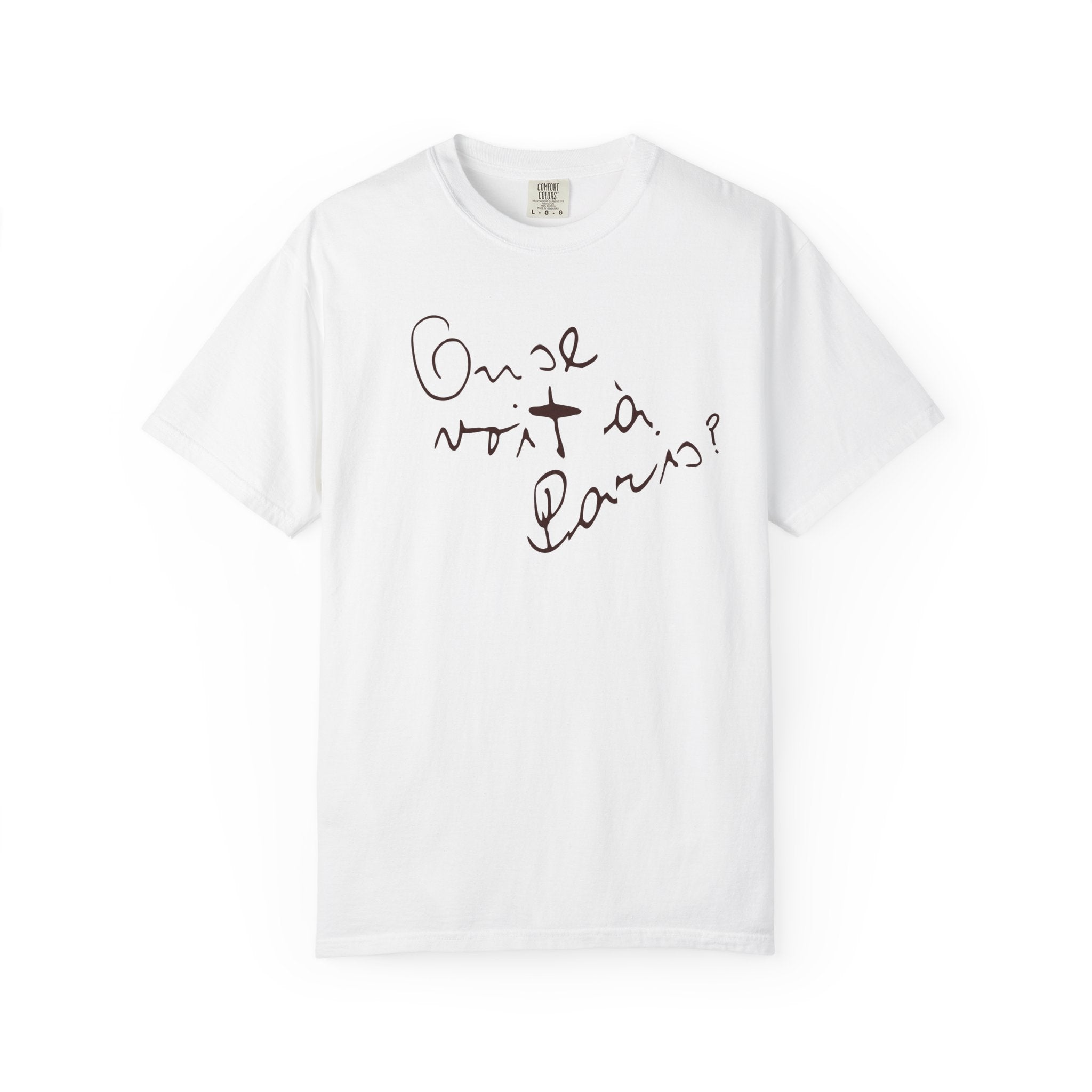 White t-shirt with black text on a white background