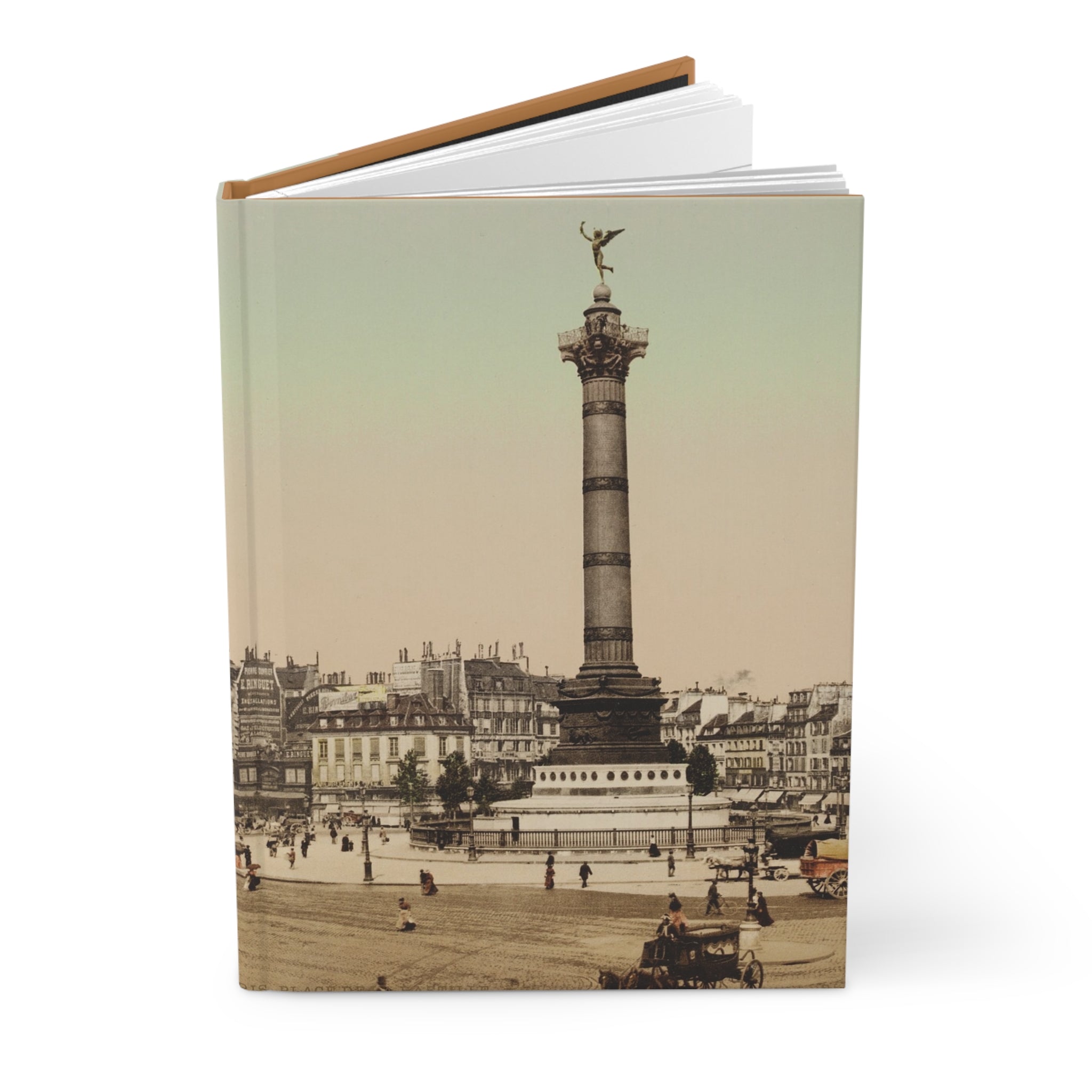 Notebook with a vintage-style illustration of a cityscape featuring a tall column on the cover.