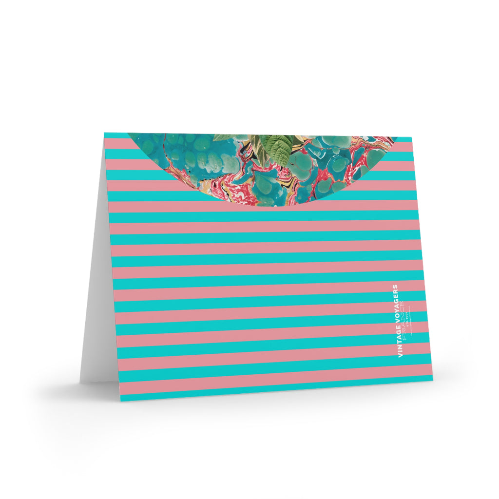 Note card with pink and blue striped design on a white background