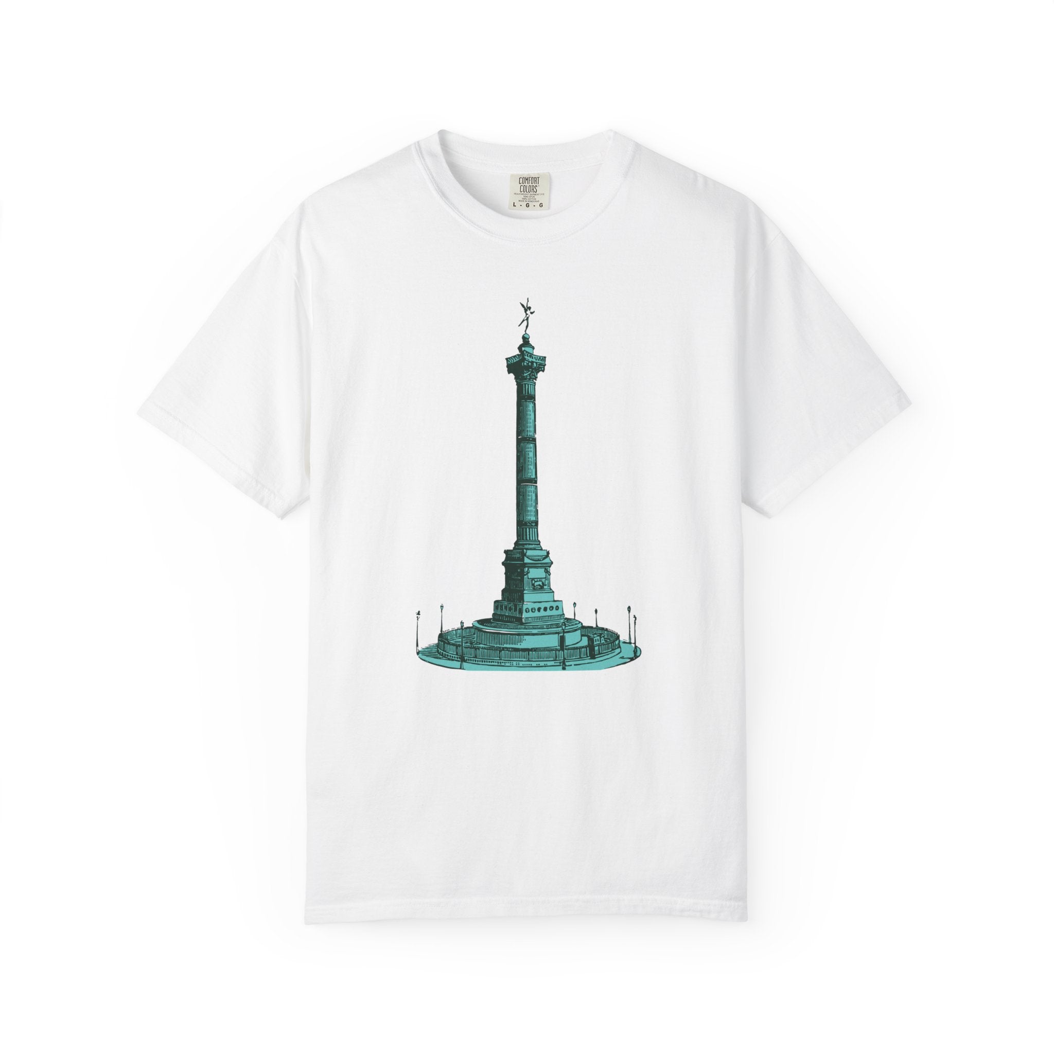 White t-shirt with a green monument design on a white background