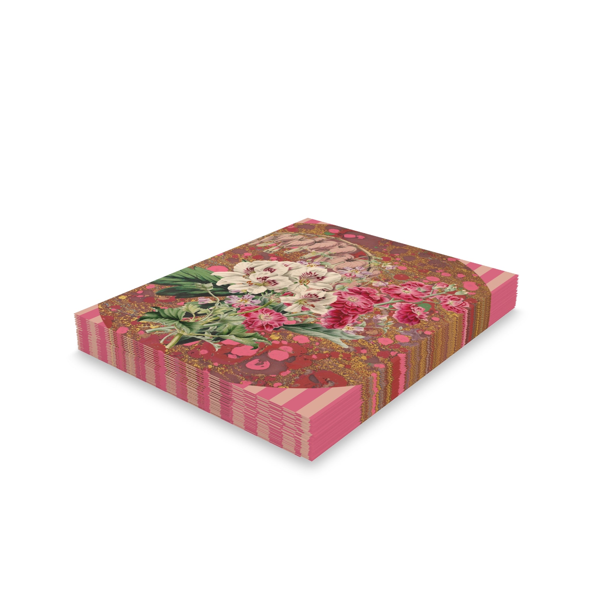 Stack of colorful greeting cards with floral design on a white background