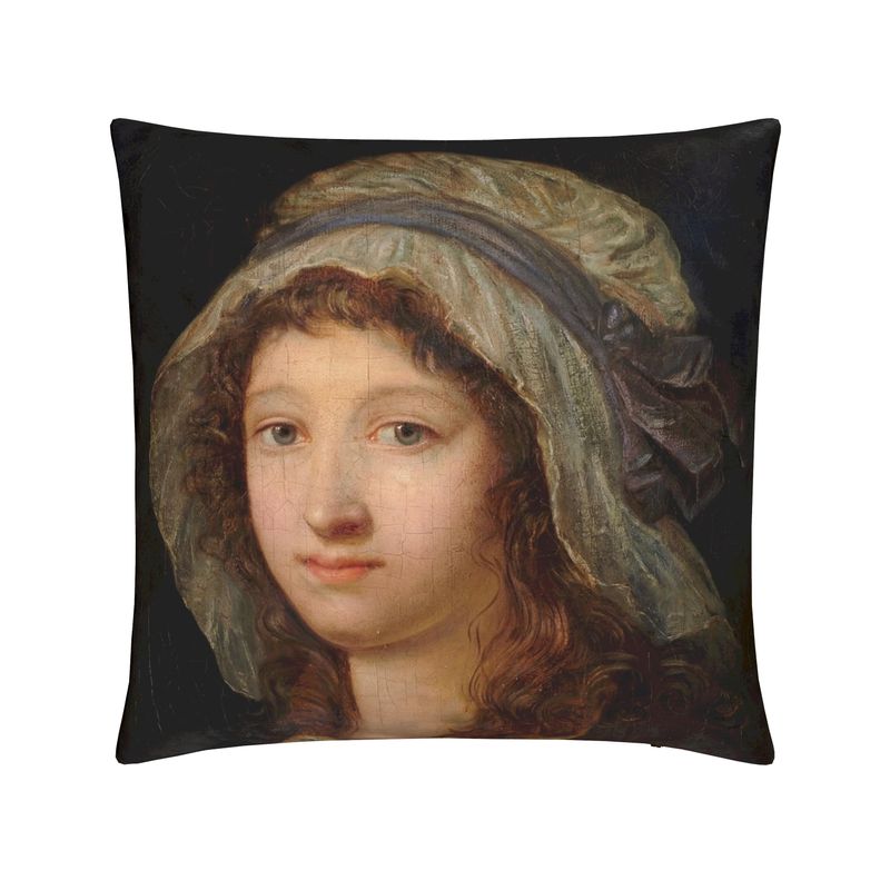 Pillow with a classical painting of a woman's portrait on a white background