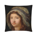 Pillow with a classical painting of a woman's portrait on a white background