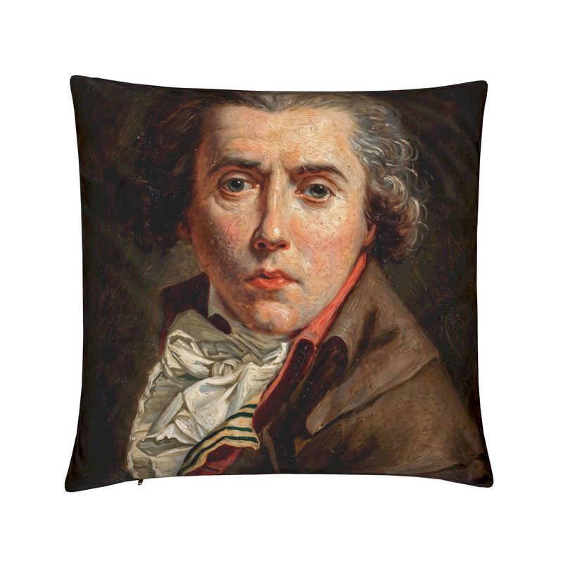 Pillow with a classical portrait design on a white background