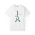 White t-shirt with a green Eiffel Tower graphic on a white background