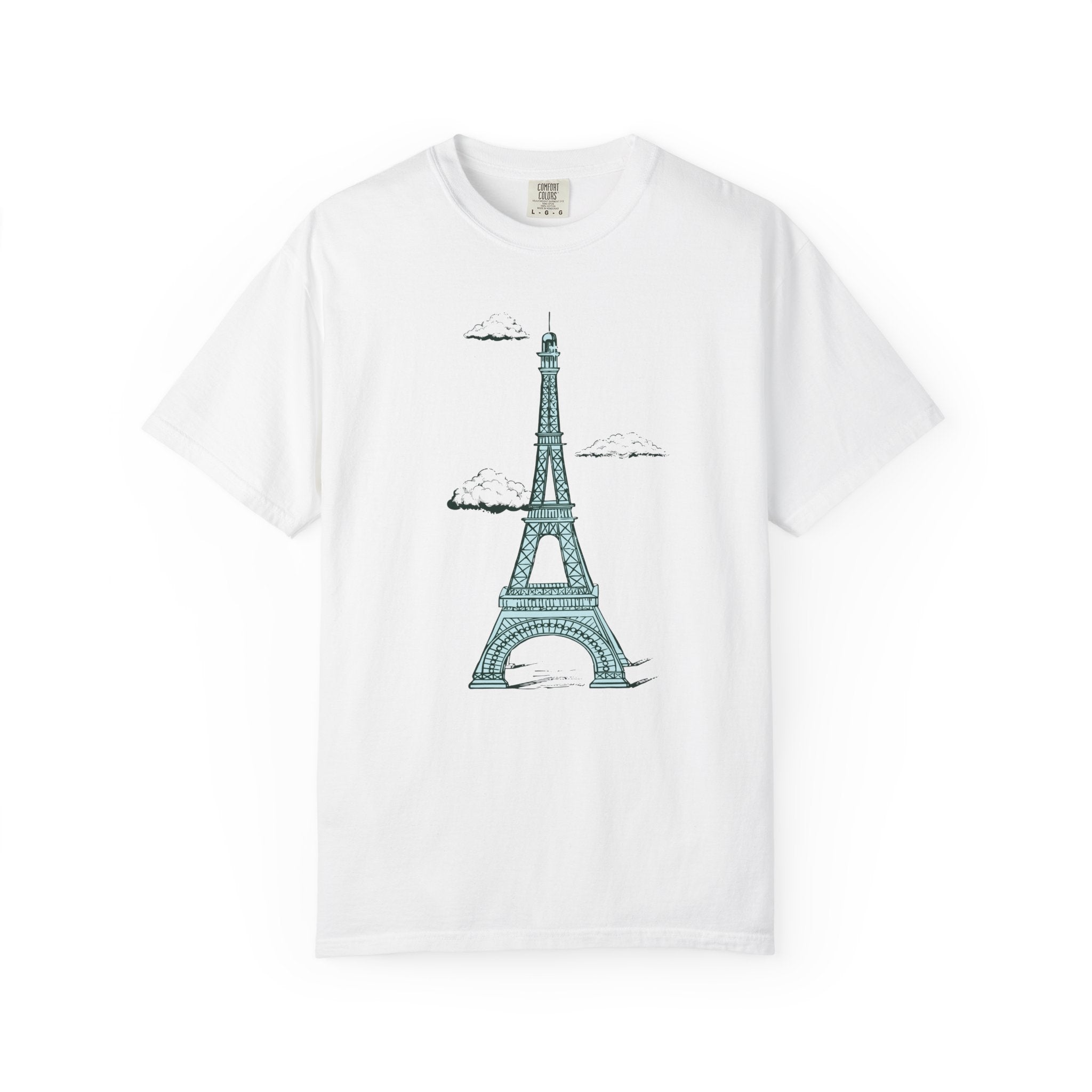 White t-shirt with a green Eiffel Tower graphic on a white background