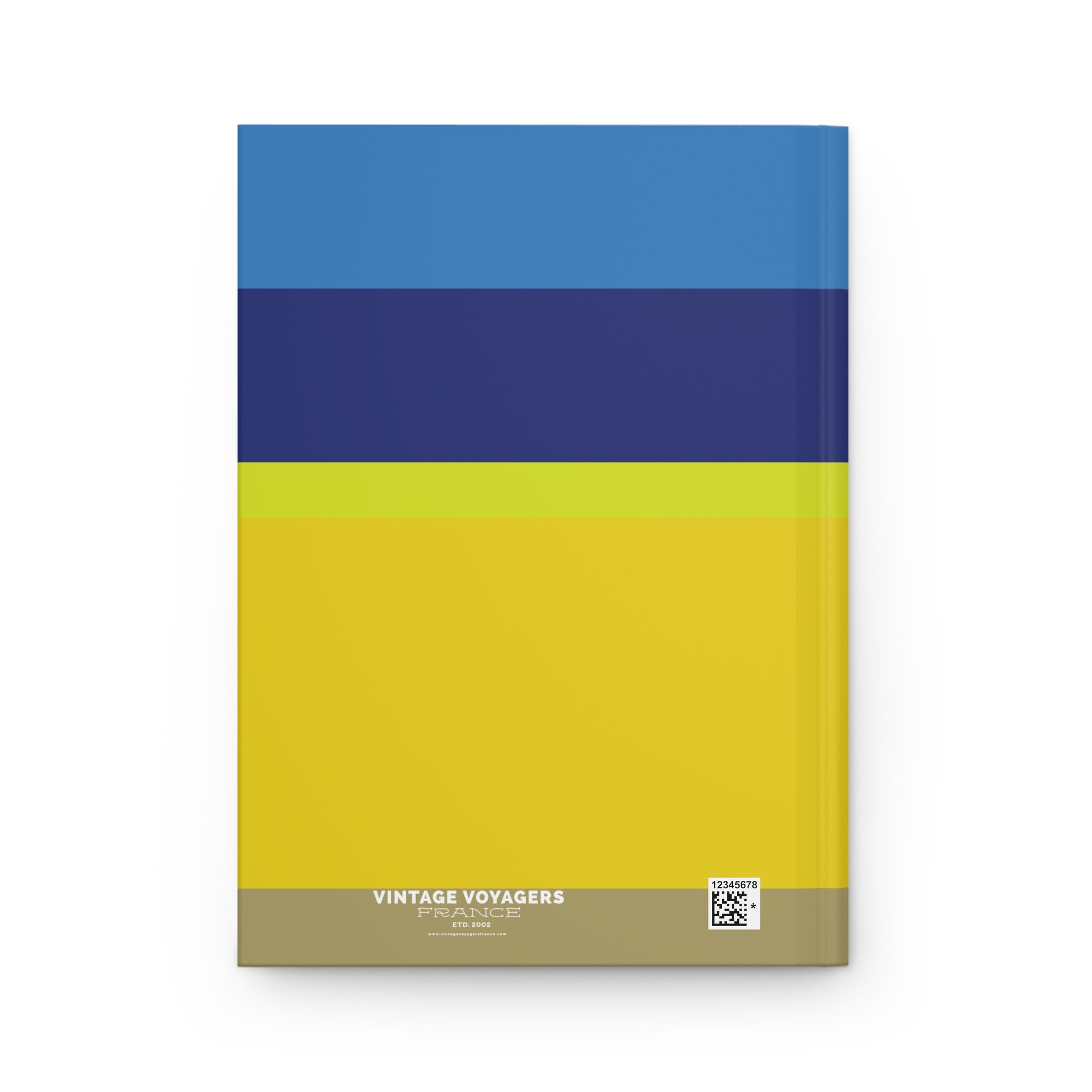 Colorful notebook with a blue, purple, and yellow design on a white background