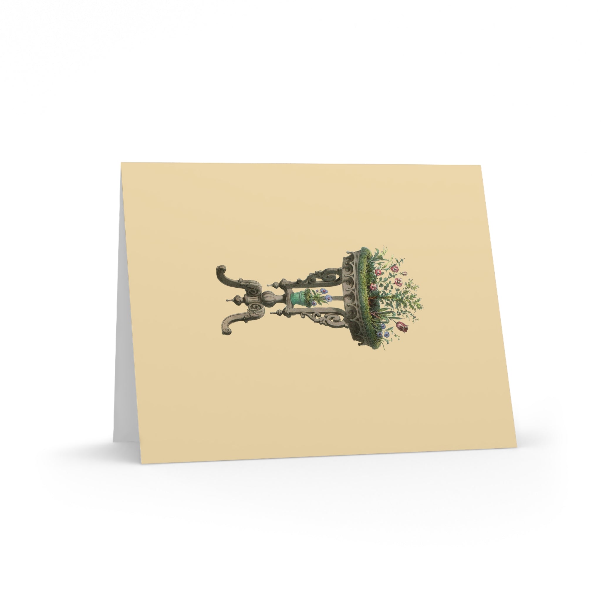 Greeting card with decorative fountain illustration on a beige background