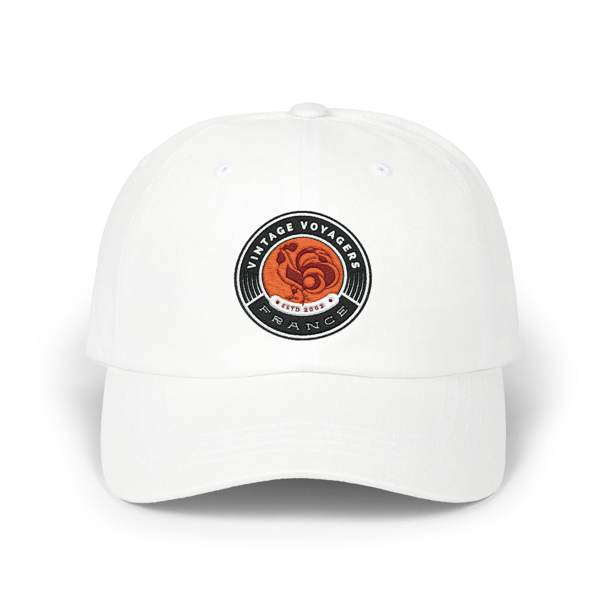 White cap with a logo on a white background