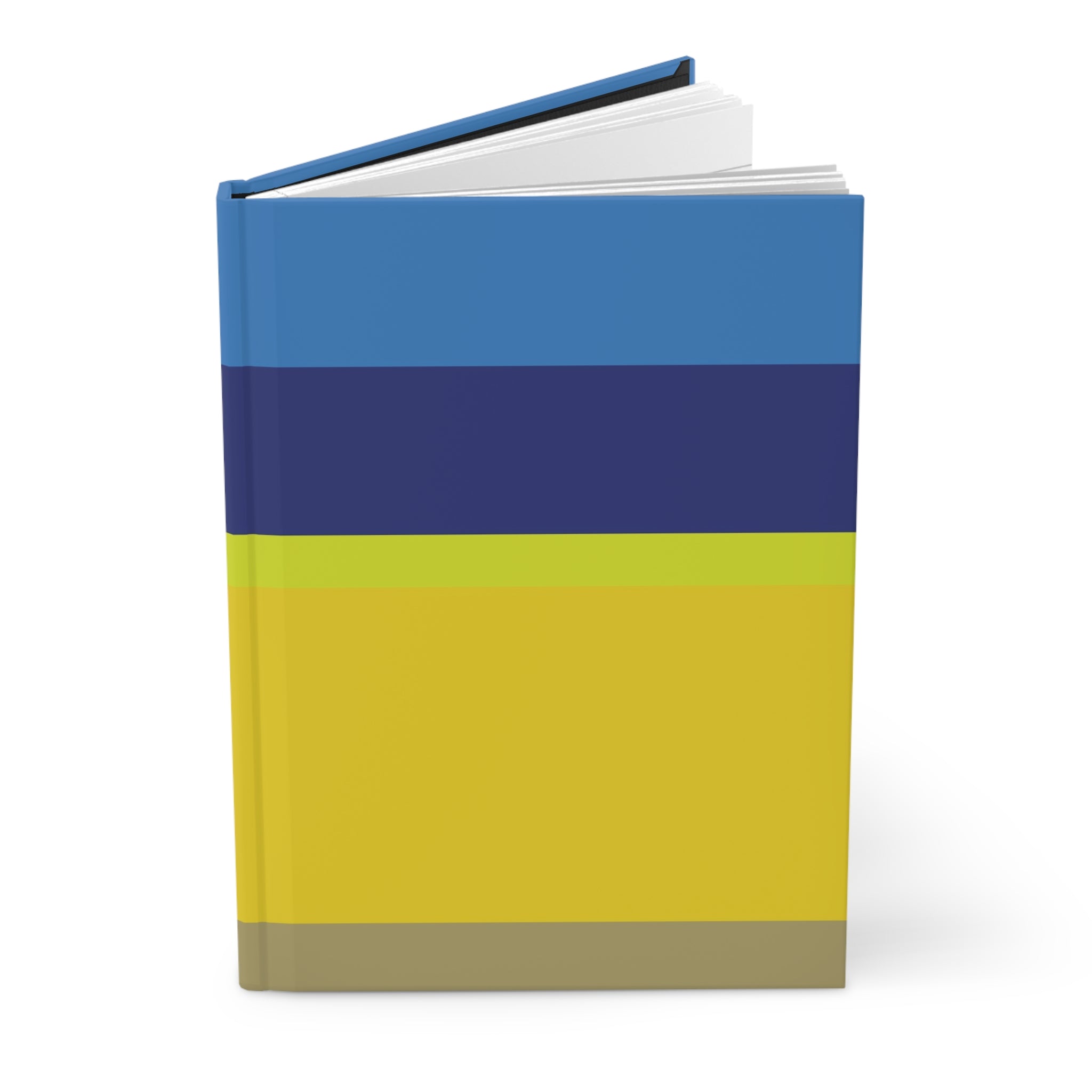 Notebook with blue, yellow, and beige striped design on a white background