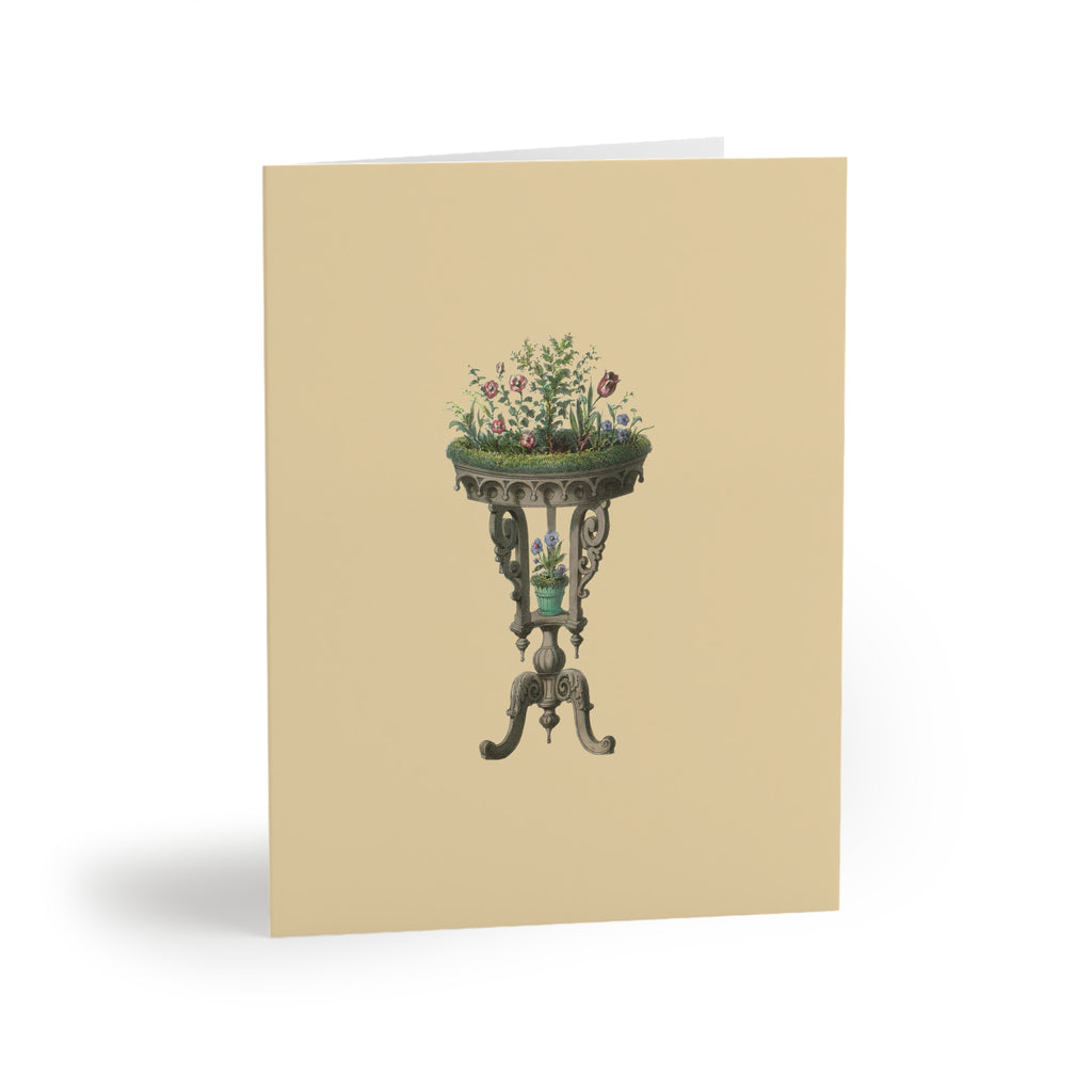 Greeting card with a decorative plant stand illustration on a beige background