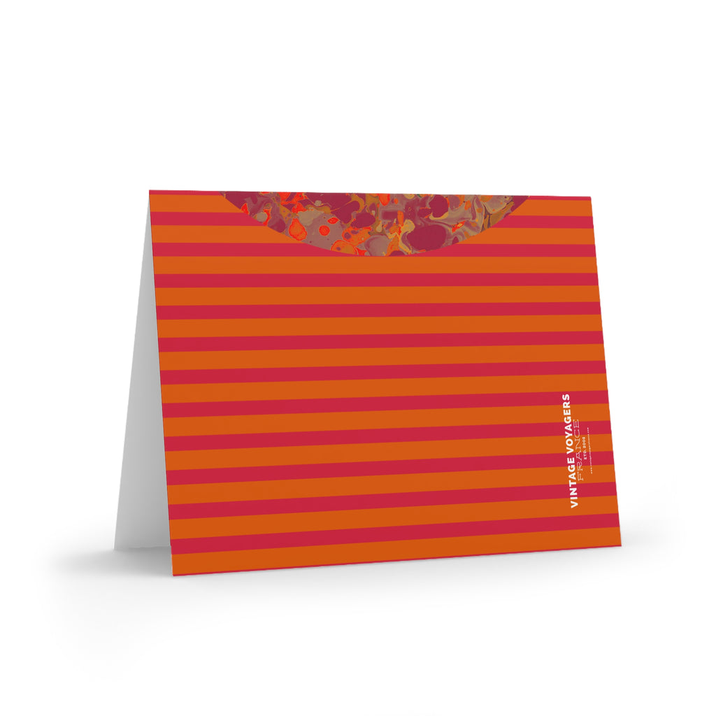 Greeting card with orange and pink striped design on a white background