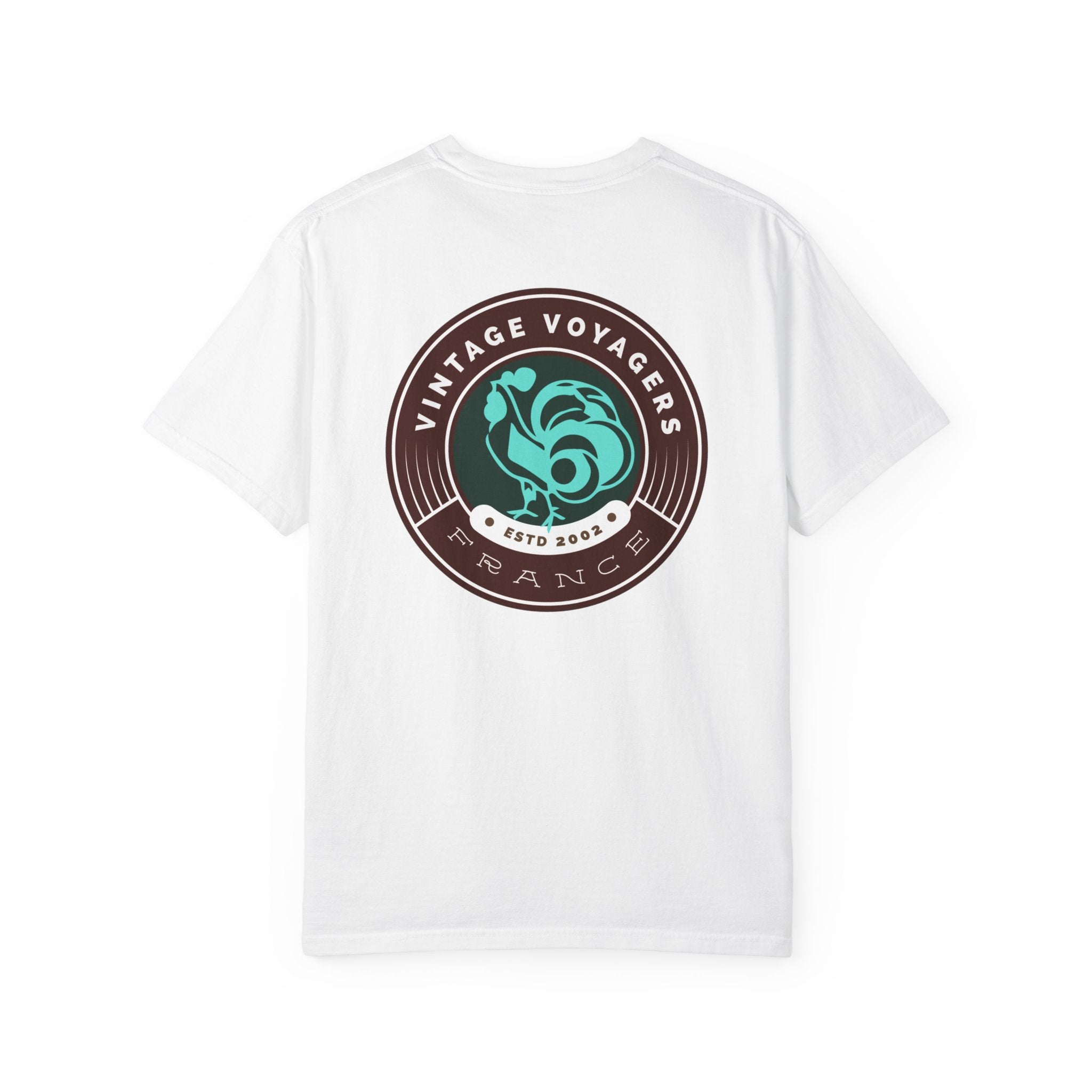 White t-shirt with 'Vintage Voyagers France' logo on a white background