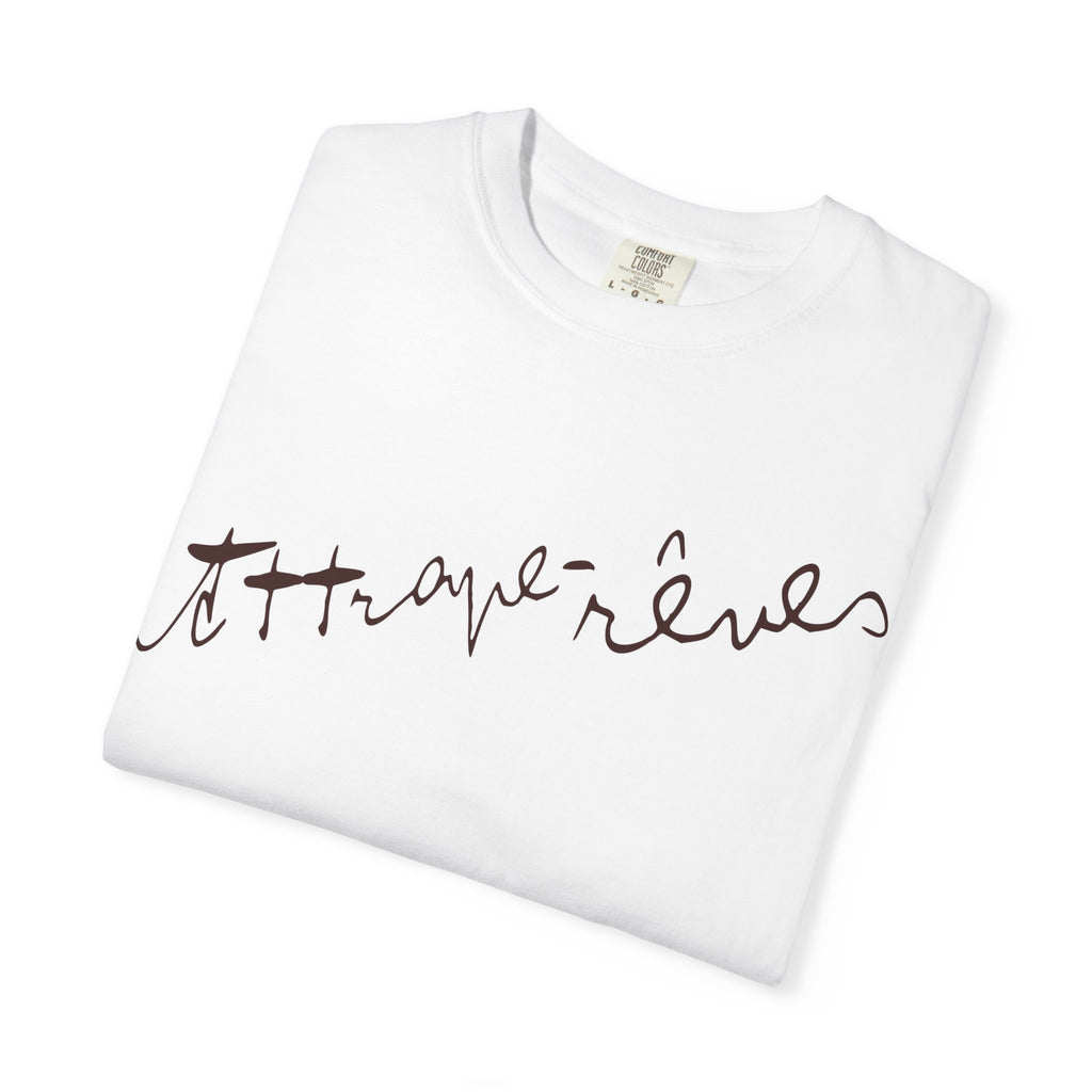 White t-shirt with brown text on a white background
