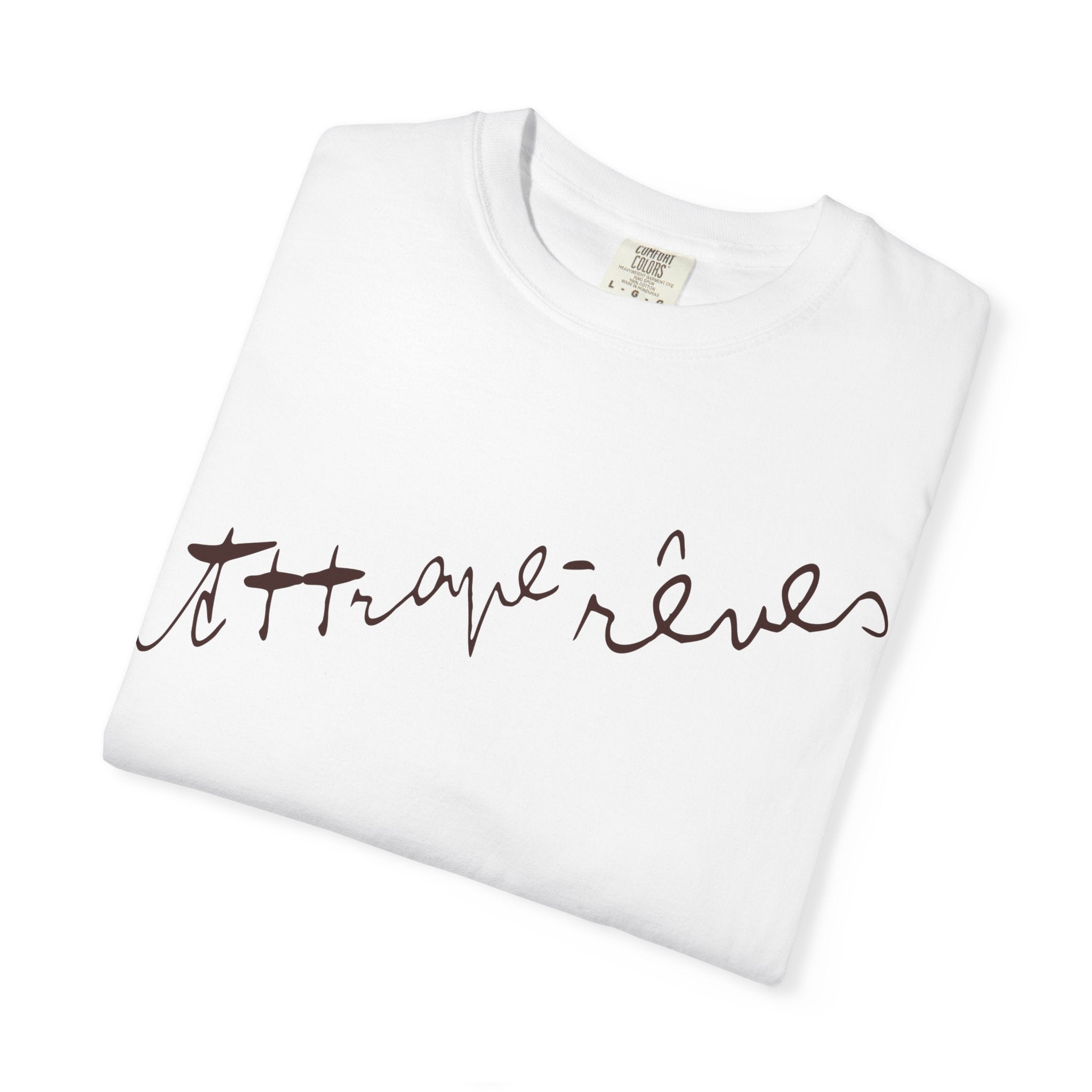 White t-shirt with brown text on a white background