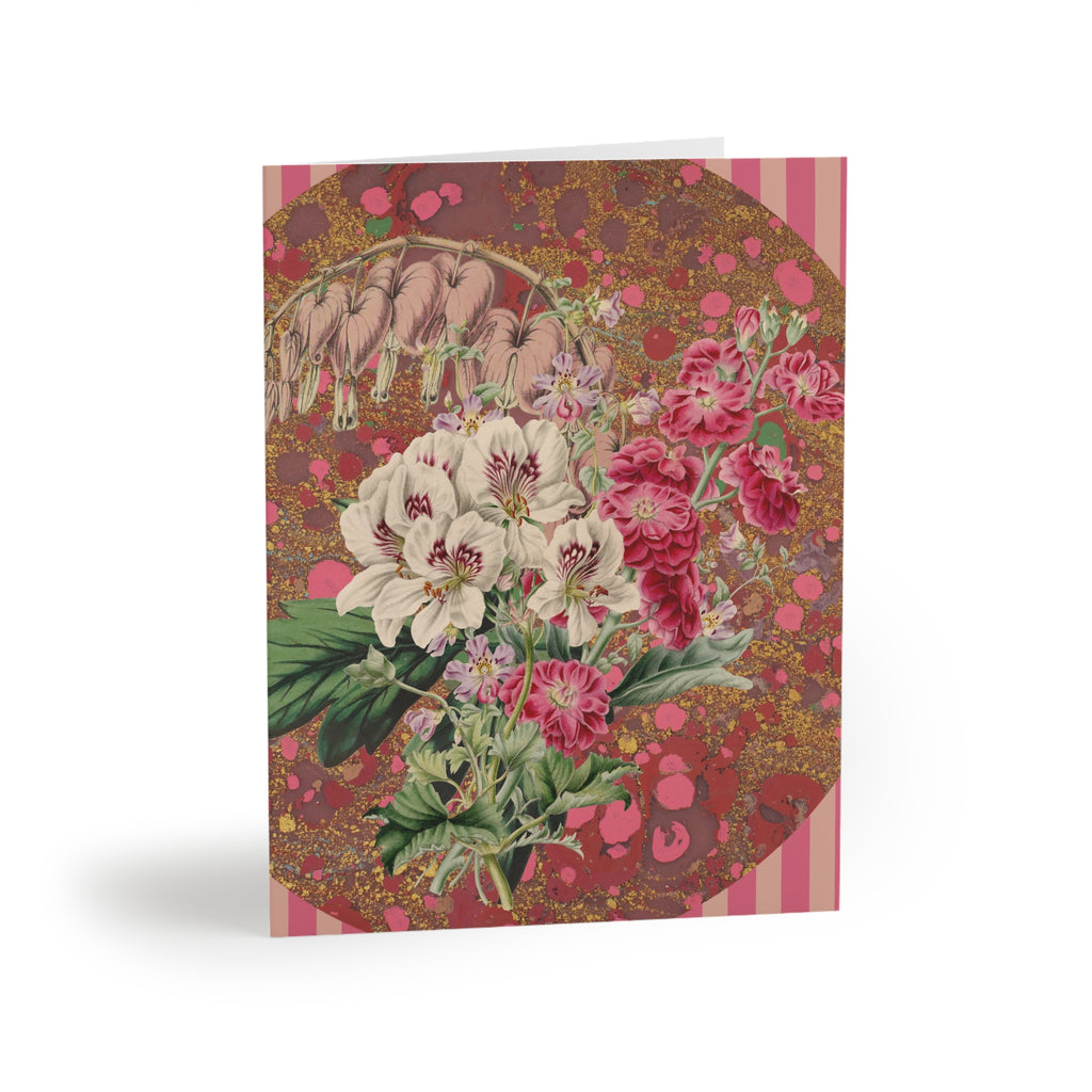 Greeting card with floral design and striped border on a white background
