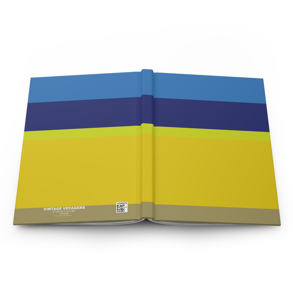 Open book with blue, green, and yellow striped cover on a white background