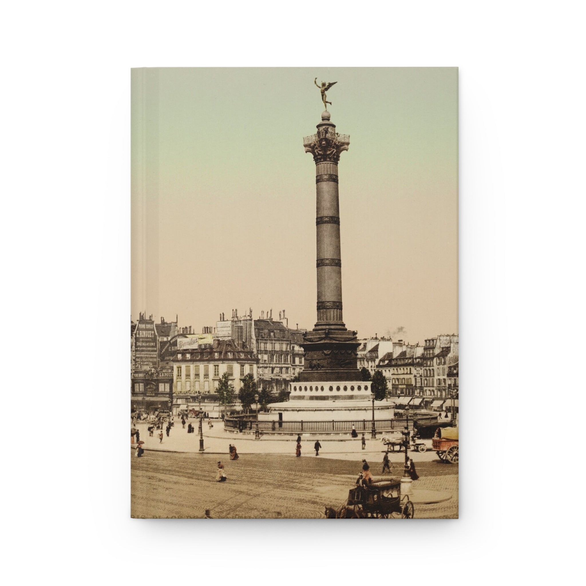 Vintage-style photograph of a city square with a tall column and statue, surrounded by buildings and people.
