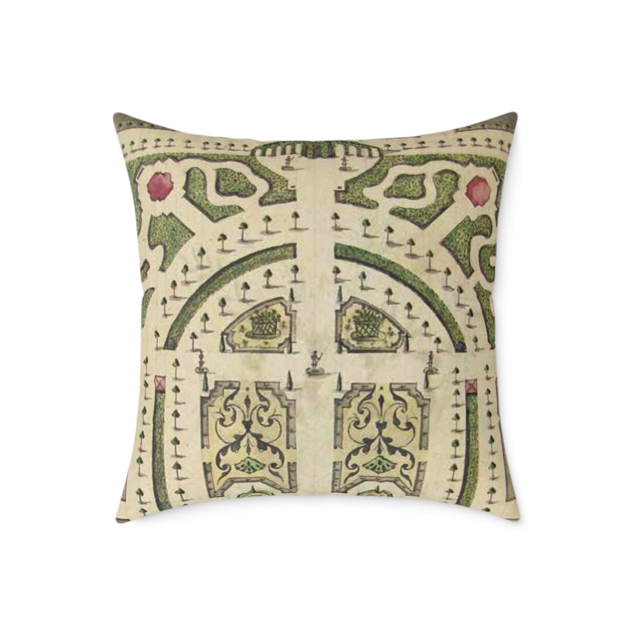 Decorative pillow with intricate green and beige pattern on a white background