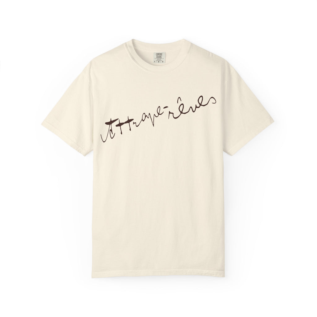 Beige t-shirt with brown text on a white background