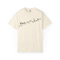 Beige t-shirt with brown text on a white background