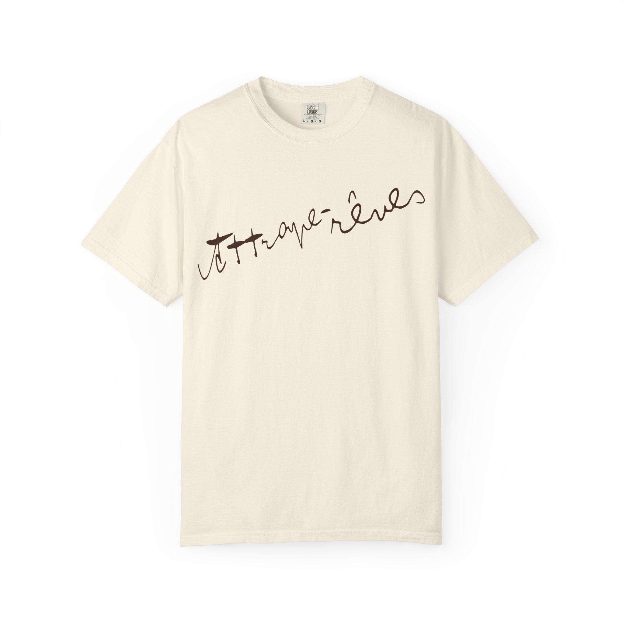 Beige t-shirt with brown text on a white background